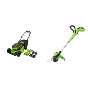 greenworks 48v 21" brushless cordless self-propelled electric lawn mower, string trimmer, (4) 4.0ah batteries and (2) rapid chargers