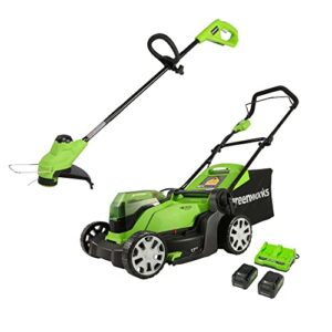 greenworks 48v 17" cordless electric lawn mower, string trimmer, (2) 4.0ah batteries and rapid charger