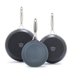 greenpan valencia pro hard anodized healthy ceramic nonstick 8" 9.5" and 11" frying pan skillet set, pfas-free, induction, dishwasher safe, ovens safe, gray
