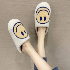 Doxwater Smile Face Slippers Women's Men's Comfy Warm Plush Slip-On House Slipper for Winter Indoor Outdoor Soft Cushion Non-slip Fluffy Slides Slippers with Memory Foam for Girls Boys