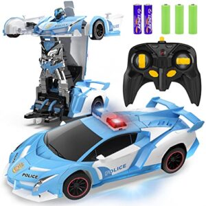 fdj rc cars - transform remote control car, 2.4ghz 1:18 scale transforming police car toy with flashing light, one button deformation 360 degree rotating drifting kids toys car for boys age 4-7 8-12