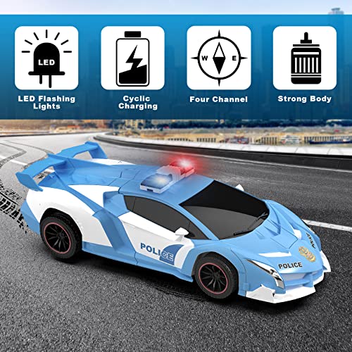 FDJ RC Cars - Transform Remote Control Car, 2.4Ghz 1:18 Scale Transforming Police Car Toy with Flashing Light, One Button Deformation 360 Degree Rotating Drifting Kids Toys Car for Boys Age 4-7 8-12