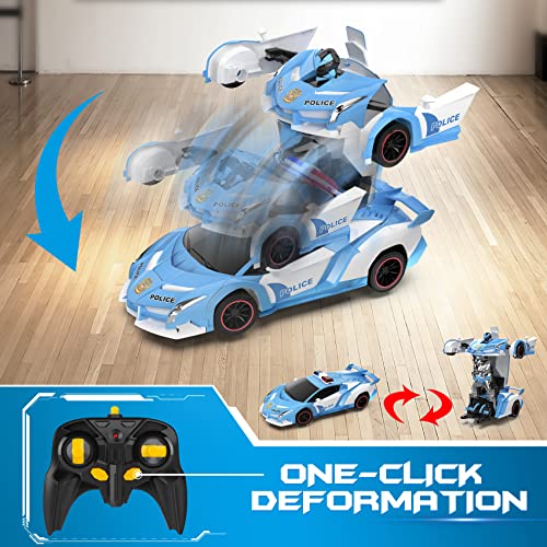 FDJ RC Cars - Transform Remote Control Car, 2.4Ghz 1:18 Scale Transforming Police Car Toy with Flashing Light, One Button Deformation 360 Degree Rotating Drifting Kids Toys Car for Boys Age 4-7 8-12