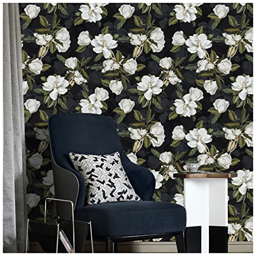 HAOKHOME 93169-1 Peel and Stick Gardenia Floral Wallpaper Removable Black/White/Green Vinyl Self Adhesive Mural 17.7in x 9.8ft