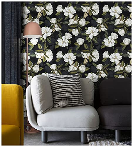 HAOKHOME 93169-1 Peel and Stick Gardenia Floral Wallpaper Removable Black/White/Green Vinyl Self Adhesive Mural 17.7in x 9.8ft