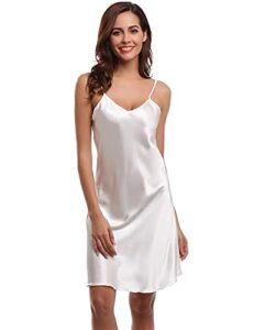 litherday women's silk nightgown satin slip spaghetti strap chemises sleepwear sexy v neck nightwear sleepshirt white medium