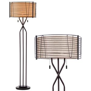 floor lamps for living room with double drum shade - farmhouse industrial standing lamp, 65" tall rustic bronze woven iron metal burlap fabric shade mid century modern reading light for bedroom office