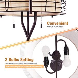 Floor Lamps for Living Room with Double Drum Shade - Farmhouse Industrial Standing Lamp, 65" Tall Rustic Bronze Woven Iron Metal Burlap Fabric Shade Mid Century Modern Reading Light for Bedroom Office