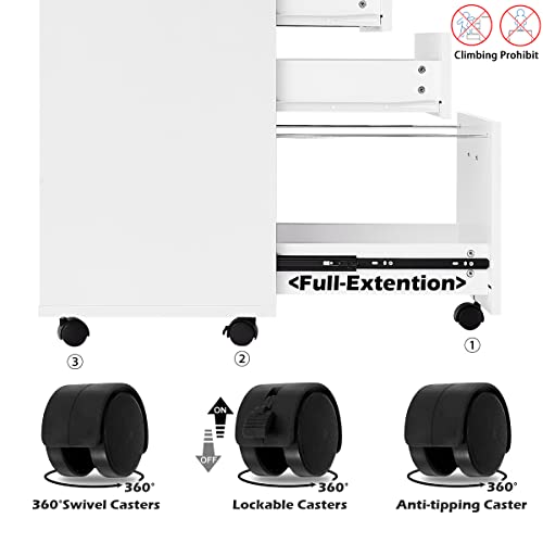 Panana 3 Drawer Wood Mobile File Cabinet, Under Desk Storage Drawers Small File Cabinet for Home Office (White)