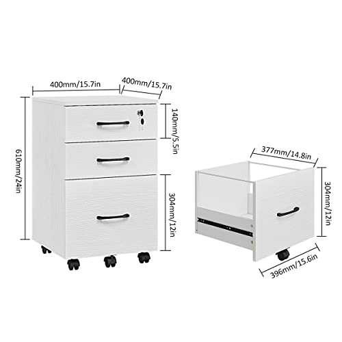 Panana 3 Drawer Wood Mobile File Cabinet, Under Desk Storage Drawers Small File Cabinet for Home Office (White)