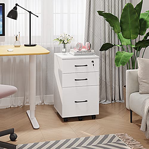 Panana 3 Drawer Wood Mobile File Cabinet, Under Desk Storage Drawers Small File Cabinet for Home Office (White)