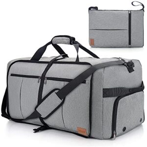 80l travel duffle bag for men, large foldable duffel bag for travel with shoe compartment overnight weekender bag gym bag for men women waterproof & tear resistant (gray, 80l)