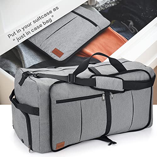 80L Travel Duffle Bag for Men, Large Foldable Duffel Bag for Travel with Shoe Compartment Overnight Weekender Bag Gym Bag for Men Women Waterproof & Tear Resistant (Gray, 80L)