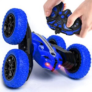 zyerch rc car, 4 wheel drive stunt car toy for kids, hobby rc crawlers, double sided rotating 360°remote control car, dual-color headlights blue/red/green,k-03b