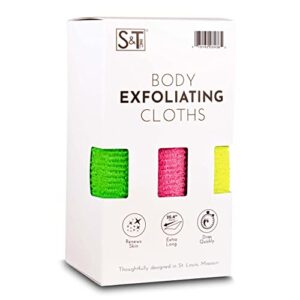 s&t inc exfoliating body scrubber, back scrubber for shower and exfoliating cloth, 11.8 inch x 35.4 inch, assorted, 3 pack
