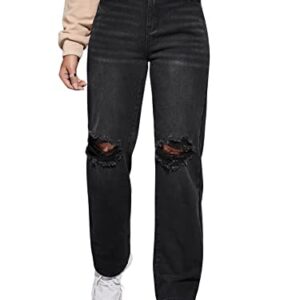 SweatyRocks Women's High Waist Ripped Jeans Distressed Raw Hem Denim Pants Solid Black M