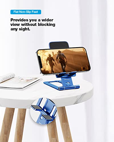 MEISO Cell Phone Stand, Fully Foldable Phone Holder for Desk, Desktop Mobile Phone Cradle Dock Compatible with iPhone, Samsung Galaxy, iPad Mini, Tablets Up to 10” (Navy Blue)