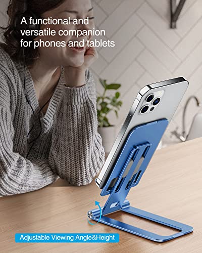 MEISO Cell Phone Stand, Fully Foldable Phone Holder for Desk, Desktop Mobile Phone Cradle Dock Compatible with iPhone, Samsung Galaxy, iPad Mini, Tablets Up to 10” (Navy Blue)