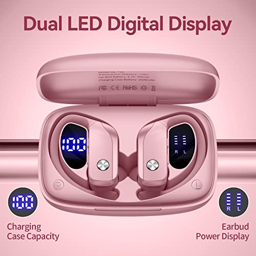 Wireless Earbuds Bluetooth Headphones 48hrs Play Back Sport Earphones with LED Display Over-Ear Buds with Earhooks Built-in Mic Headset for Workout Pink BMANI-VEAT00L