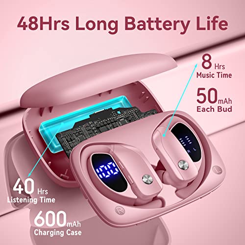 Wireless Earbuds Bluetooth Headphones 48hrs Play Back Sport Earphones with LED Display Over-Ear Buds with Earhooks Built-in Mic Headset for Workout Pink BMANI-VEAT00L