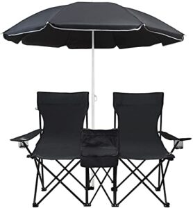 leadallway double camping chair with parasol portable folding lawn chair support 256 lbs,19''x19''each seat