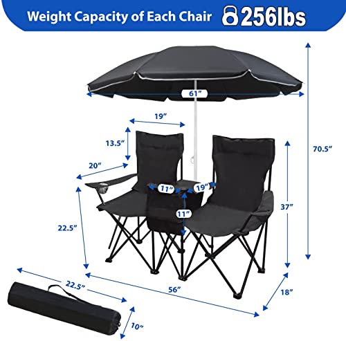 LEADALLWAY Double Camping Chair with Parasol Portable Folding Lawn Chair Support 256 LBS,19''x19''Each seat