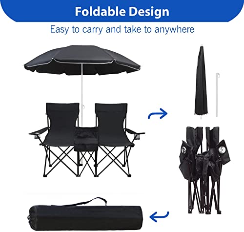 LEADALLWAY Double Camping Chair with Parasol Portable Folding Lawn Chair Support 256 LBS,19''x19''Each seat