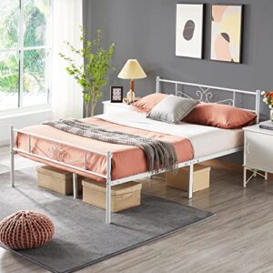 Yaheetech Classic Metal Platform Bed Frame with Headboard and Footboard Flower Design Mattress Foundation Easy Set Up Structure Full Size White