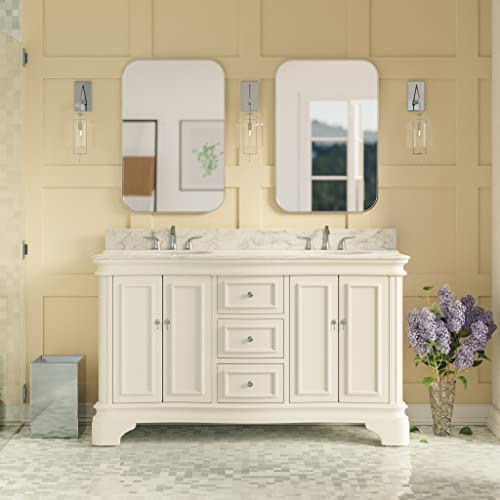 Kitchen Bath Collection Katherine 60-inch Double Bathroom Vanity (White/Carrara): Includes White Cabinet with Authentic Italian Carrara Marble Countertop and White Ceramic Sinks