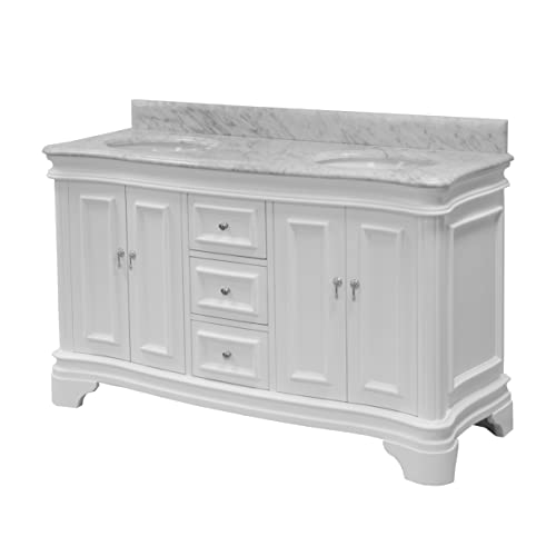 Kitchen Bath Collection Katherine 60-inch Double Bathroom Vanity (White/Carrara): Includes White Cabinet with Authentic Italian Carrara Marble Countertop and White Ceramic Sinks