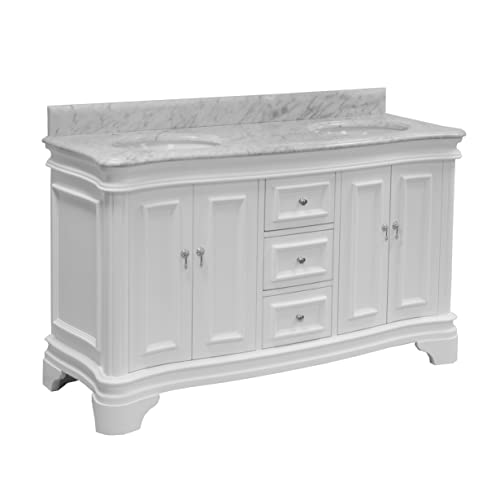 Kitchen Bath Collection Katherine 60-inch Double Bathroom Vanity (White/Carrara): Includes White Cabinet with Authentic Italian Carrara Marble Countertop and White Ceramic Sinks