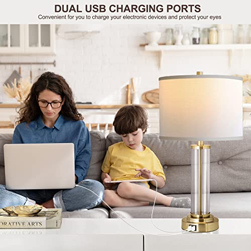 QiMH Modern Nightstand Table Lamps, Fabric Lampshade, Touch Control, 3-Way Dimmable with Dual USB Ports for Bedrooms, Bedside, Living Room, Set of 2 (LED Bulbs Included)