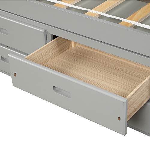 Merax Solid Wood Storage Bed Frame with 6 Drawers, Wooden Slat Support, No Box Spring Needed Grey