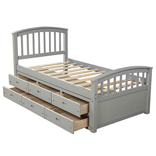 Merax Solid Wood Storage Bed Frame with 6 Drawers, Wooden Slat Support, No Box Spring Needed Grey
