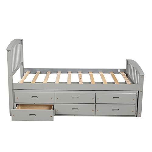 Merax Solid Wood Storage Bed Frame with 6 Drawers, Wooden Slat Support, No Box Spring Needed Grey