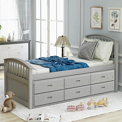 Merax Solid Wood Storage Bed Frame with 6 Drawers, Wooden Slat Support, No Box Spring Needed Grey