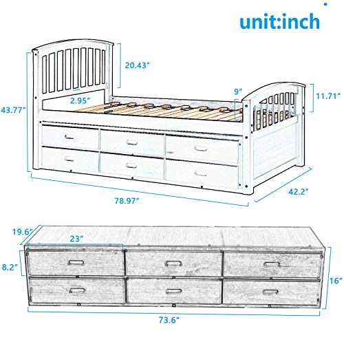 Merax Solid Wood Storage Bed Frame with 6 Drawers, Wooden Slat Support, No Box Spring Needed Grey