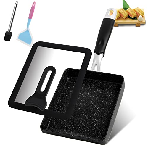 Auchq Tamagoyaki Pan Japanese Omelette Pan/Dishwasher Safe Cooking Pan with Glass Lid/Japanese Egg Pan Nonstick Coating (PFOA Free) / Omelet Pan Small Egg Frying Pan Spatula & Brush(PAN-A)