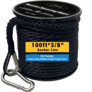 100 ft double braided nylon boat anchor rope 3/8inch with 316 stainless steel thimble and heavy duty snap hook marine grade anchor line black