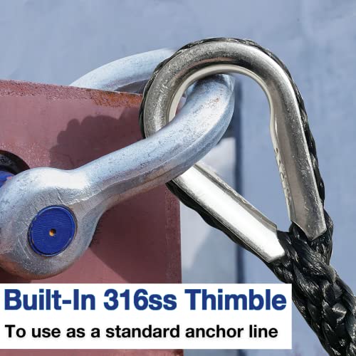 100 FT Double Braided Nylon Boat Anchor Rope 3/8inch with 316 Stainless Steel Thimble and Heavy Duty Snap Hook Marine Grade Anchor line Black