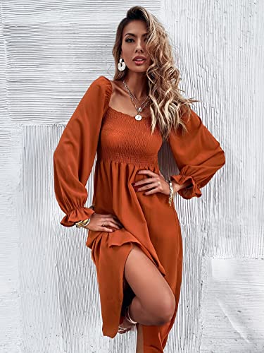 Floerns Women's Boho Floral Print Square Neck Flounce Sleeve A Line Long Dress A Burnt Orange XS