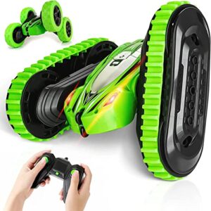 2-in-1 remote control car, rechargeable remote control crawler for kids age 3 years and up, changeable wheels, double-side 360° flips, led headlights, fast stunt toy race cars for toddlers-green
