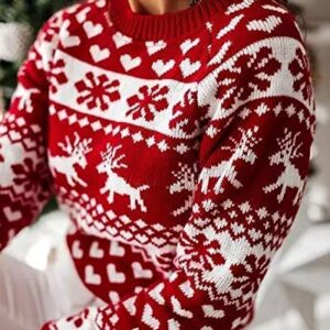 ZAFUL Women's Christmas Reindeer Xmas Snowflake Patterns Knitted Sweater Long Sleeve Elk Floral Printed Pullover