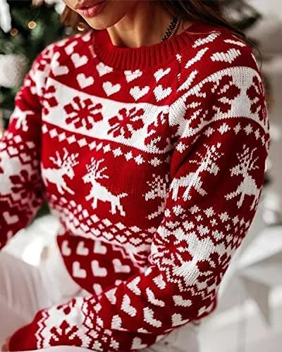 ZAFUL Women's Christmas Reindeer Xmas Snowflake Patterns Knitted Sweater Long Sleeve Elk Floral Printed Pullover