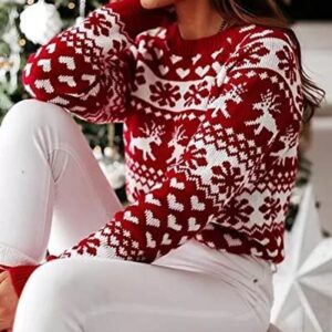 ZAFUL Women's Christmas Reindeer Xmas Snowflake Patterns Knitted Sweater Long Sleeve Elk Floral Printed Pullover