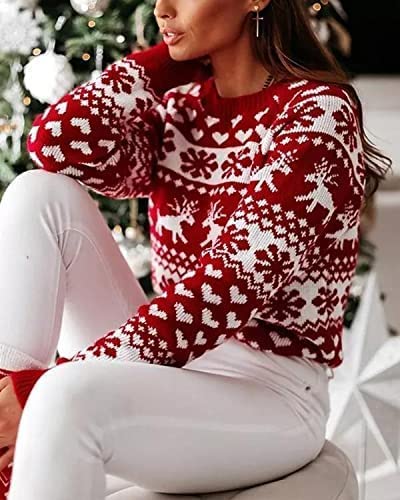 ZAFUL Women's Christmas Reindeer Xmas Snowflake Patterns Knitted Sweater Long Sleeve Elk Floral Printed Pullover