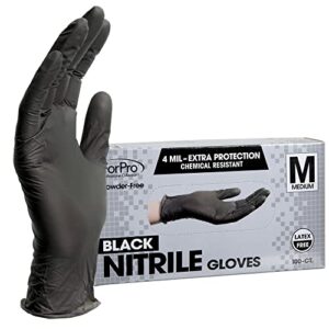 forpro disposable nitrile gloves, chemical resistant, powder-free, latex-free, non-sterile, food safe, 4 mil, black, medium, 100-count