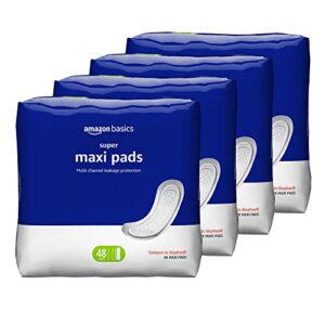 amazon basics thick maxi pads for periods, super absorbency, unscented, 192 count (4 packs of 48) (previously solimo)
