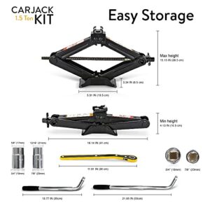 Car Jack Kit | Scissor Jack for Car 1.5 Ton (3,300 lbs) - Tire Jack Tool Kit | Portable, Ideal for SUV and Auto - Universal Car Emergency Kit with Lug Wrench | Heavy Duty Material