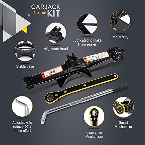 Car Jack Kit | Scissor Jack for Car 1.5 Ton (3,300 lbs) - Tire Jack Tool Kit | Portable, Ideal for SUV and Auto - Universal Car Emergency Kit with Lug Wrench | Heavy Duty Material